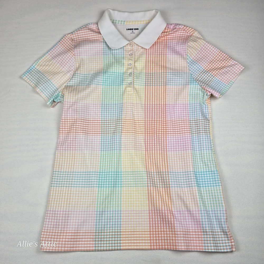 Lands End Womens Button Up Shirt Polo Collar Rainbow Plaid 100% Cotton Medium - Picture 1 of 6